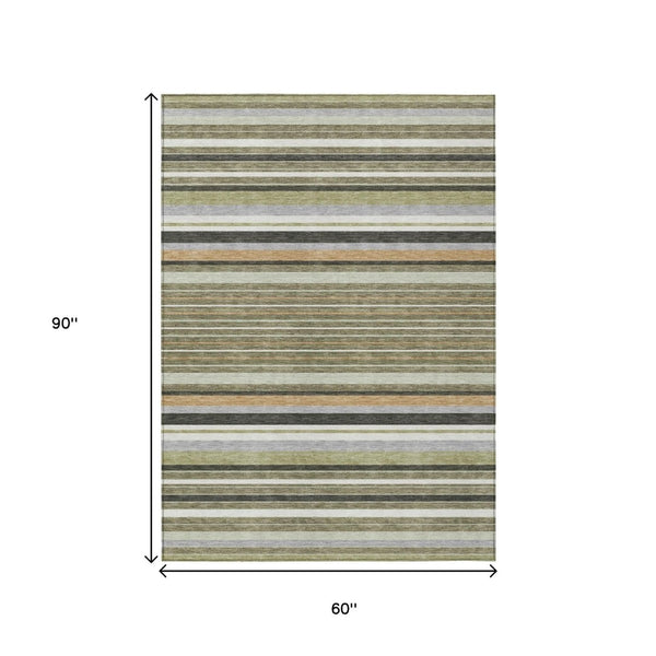 HomeRoots 5' Stylish Olive Green, Copper & Ivory Striped Washable Area Rug for Indoor or Outdoor Spaces 659671