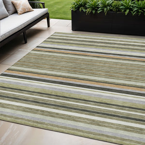 HomeRoots 5' Stylish Olive Green, Copper & Ivory Striped Washable Area Rug for Indoor or Outdoor Spaces 659671