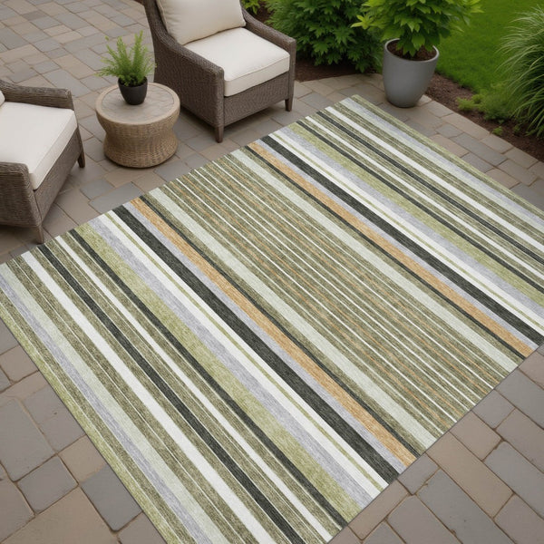 HomeRoots 5' Stylish Olive Green, Copper & Ivory Striped Washable Area Rug for Indoor or Outdoor Spaces 659671