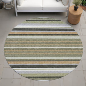 HomeRoots 8' Olive Green Copper Round Striped Area Rug - Stylish, Washable, Durable for Indoor & Outdoor Use 659672