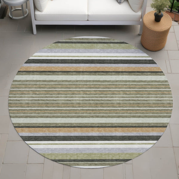 HomeRoots 8' Olive Green Copper Round Striped Area Rug - Stylish, Washable, Durable for Indoor & Outdoor Use 659672