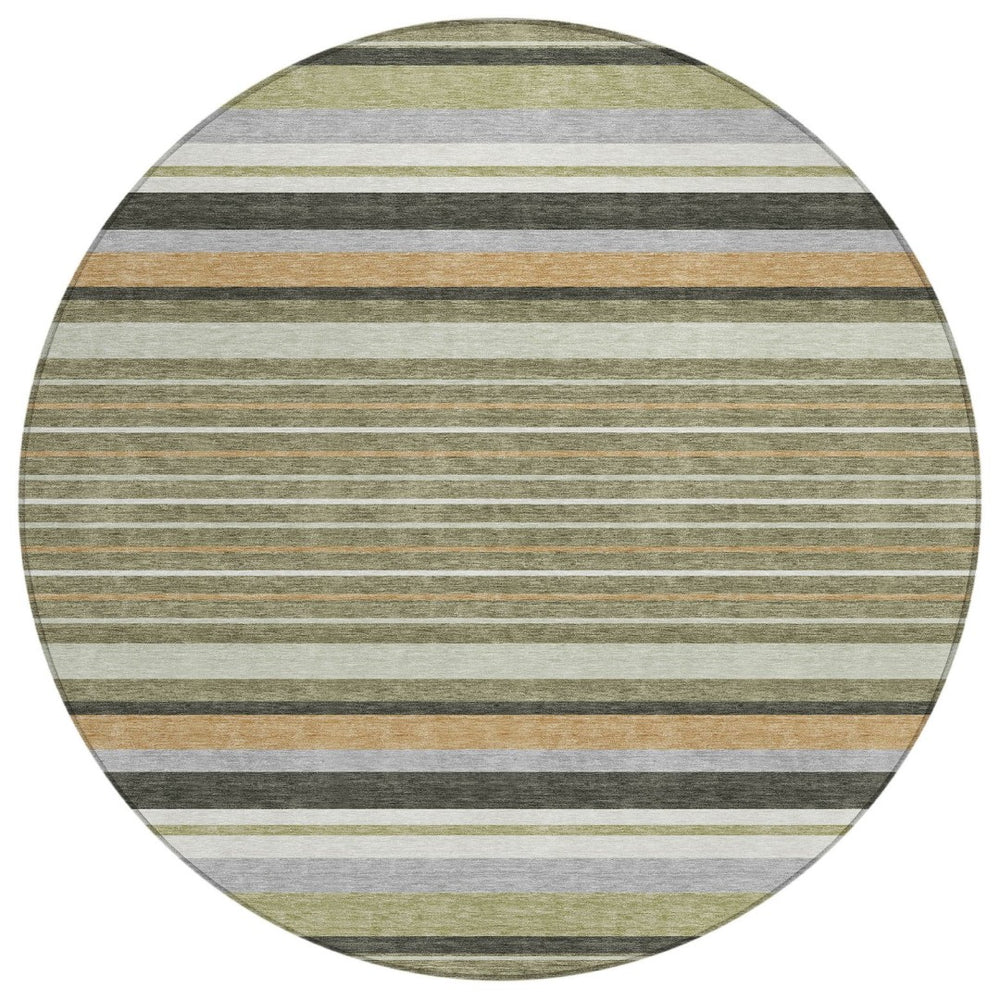 HomeRoots 8' Olive Green Copper Round Striped Area Rug - Stylish, Washable, Durable for Indoor & Outdoor Use 659672