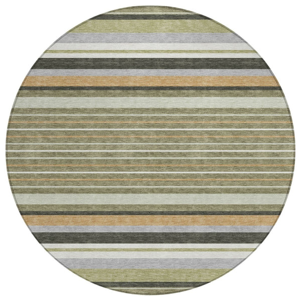 HomeRoots 8' Olive Green Copper Round Striped Area Rug - Stylish, Washable, Durable for Indoor & Outdoor Use 659672