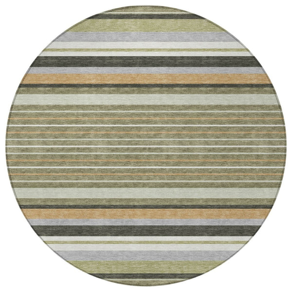 HomeRoots 8' Olive Green Copper Round Striped Area Rug - Stylish, Washable, Durable for Indoor & Outdoor Use 659672