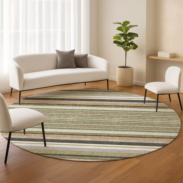 HomeRoots 8' Olive Green Copper Round Striped Area Rug - Stylish, Washable, Durable for Indoor & Outdoor Use 659672