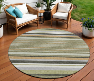 HomeRoots 8' Olive Green Copper Round Striped Area Rug - Stylish, Washable, Durable for Indoor & Outdoor Use 659672
