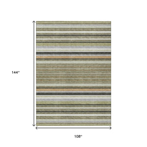 HomeRoots 9' X 12' Washable Indoor Outdoor Area Rug in Olive Green, Copper & Ivory Stripes – Durable & Stylish! 659674
