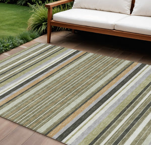 HomeRoots 9' X 12' Washable Indoor Outdoor Area Rug in Olive Green, Copper & Ivory Stripes – Durable & Stylish! 659674