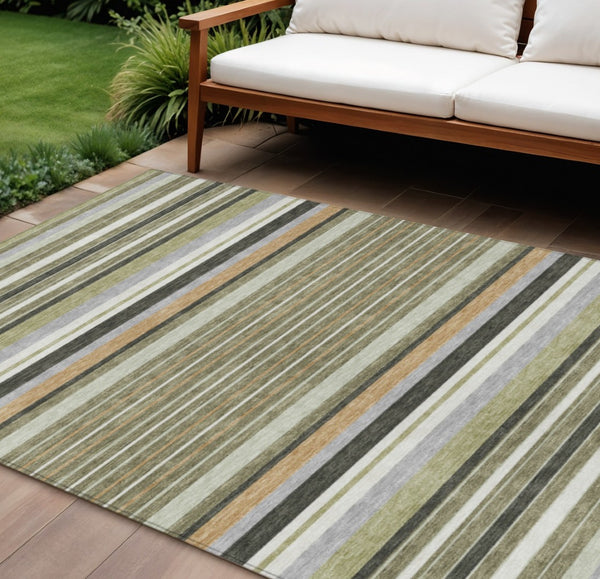 HomeRoots 9' X 12' Washable Indoor Outdoor Area Rug in Olive Green, Copper & Ivory Stripes – Durable & Stylish! 659674