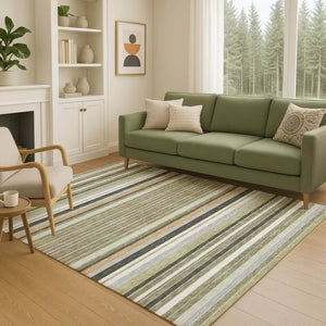 HomeRoots 9' X 12' Washable Indoor Outdoor Area Rug in Olive Green, Copper & Ivory Stripes – Durable & Stylish! 659674