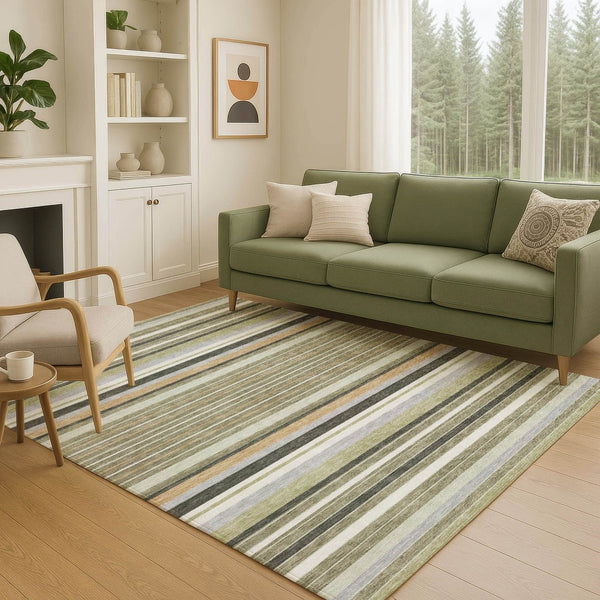 HomeRoots 10' Olive Green Striped Area Rug - Stylish, Washable Indoor/Outdoor Design for High-Traffic Spaces 659675