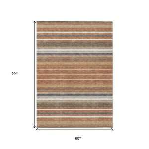 HomeRoots 5' Chili Red, Ivory & Gold Striped Washable Area Rug - Durable Indoor/Outdoor Design for All Spaces 659677