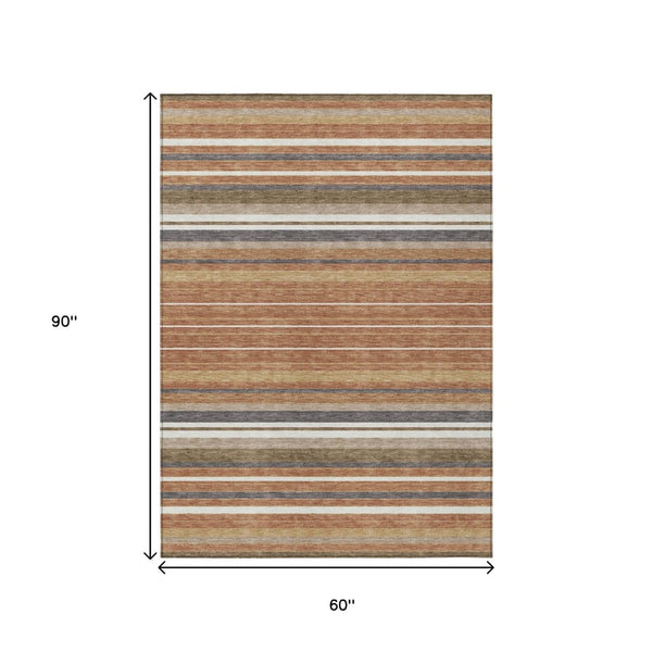 HomeRoots 5' Chili Red, Ivory & Gold Striped Washable Area Rug - Durable Indoor/Outdoor Design for All Spaces 659677