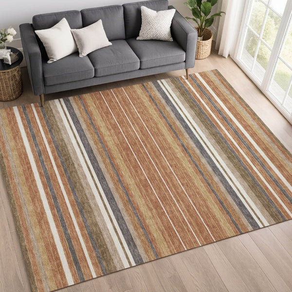 HomeRoots 5' Chili Red, Ivory & Gold Striped Washable Area Rug - Durable Indoor/Outdoor Design for All Spaces 659677