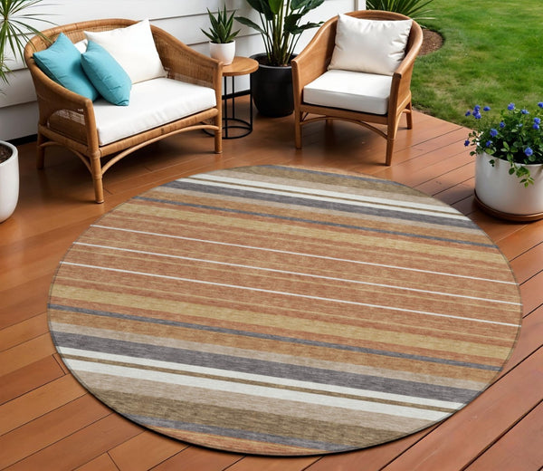 HomeRoots 8' Chili Red Round Striped Area Rug - Durable, Washable, Stylish for Indoor & Outdoor Spaces! 659678