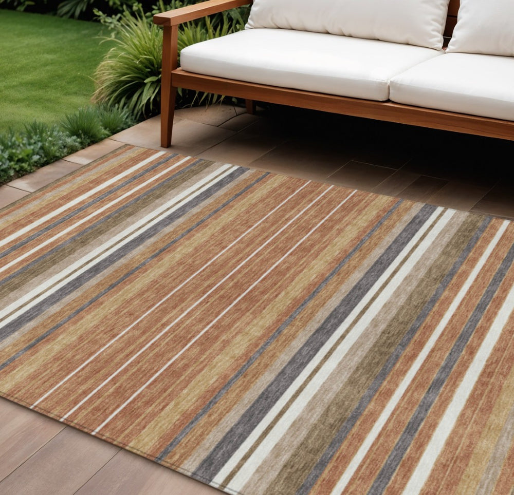 HomeRoots 8' X 10' Chili Red, Ivory & Gold Striped Area Rug – Durable, Washable, Stylish for Indoor & Outdoor Use! 659679