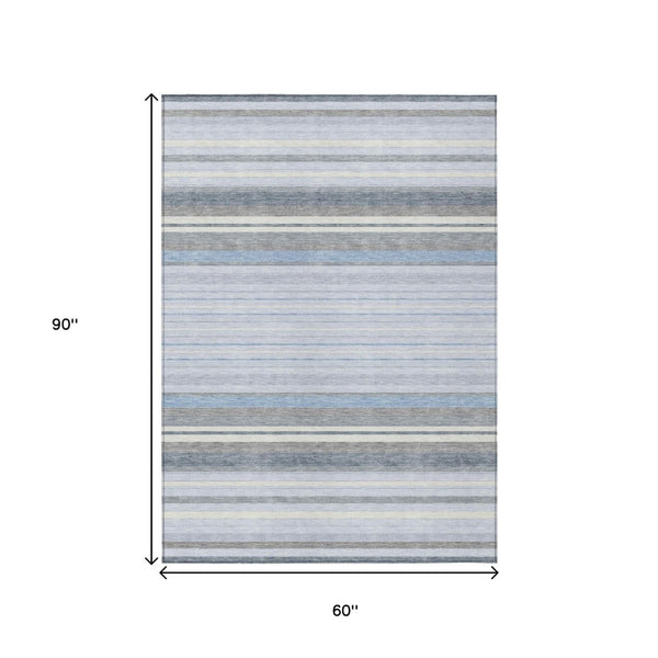 HomeRoots 5' Coastal Charm Sky Blue & Ivory Striped Area Rug - Durable, Washable for Indoor & Outdoor Spaces 659683