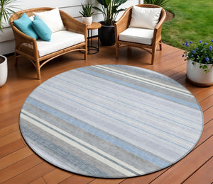 HomeRoots 8' Sky Blue and Ivory Round Striped Area Rug - Washable, Durable, Ideal for Indoor & Outdoor Spaces 659684