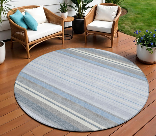 HomeRoots 8' Sky Blue and Ivory Round Striped Area Rug - Washable, Durable, Ideal for Indoor & Outdoor Spaces 659684
