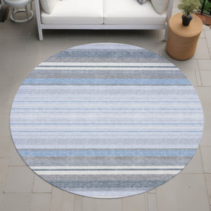 HomeRoots 8' Sky Blue and Ivory Round Striped Area Rug - Washable, Durable, Ideal for Indoor & Outdoor Spaces 659684