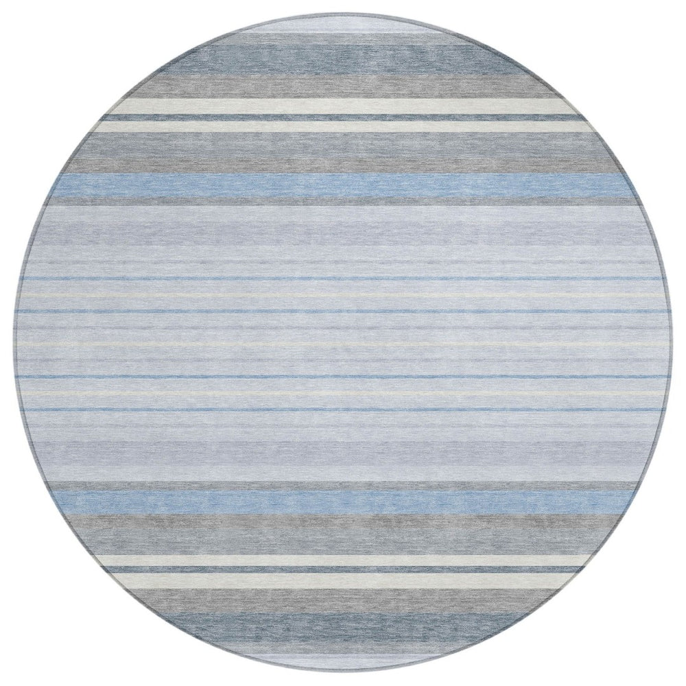 HomeRoots 8' Sky Blue and Ivory Round Striped Area Rug - Washable, Durable, Ideal for Indoor & Outdoor Spaces 659684
