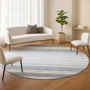 HomeRoots 8' Sky Blue and Ivory Round Striped Area Rug - Washable, Durable, Ideal for Indoor & Outdoor Spaces 659684
