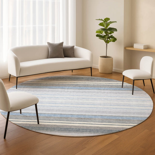 HomeRoots 8' Sky Blue and Ivory Round Striped Area Rug - Washable, Durable, Ideal for Indoor & Outdoor Spaces 659684