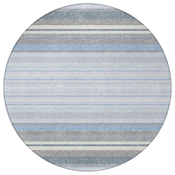 HomeRoots 8' Sky Blue and Ivory Round Striped Area Rug - Washable, Durable, Ideal for Indoor & Outdoor Spaces 659684