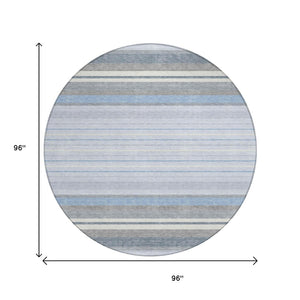 HomeRoots 8' Sky Blue and Ivory Round Striped Area Rug - Washable, Durable, Ideal for Indoor & Outdoor Spaces 659684