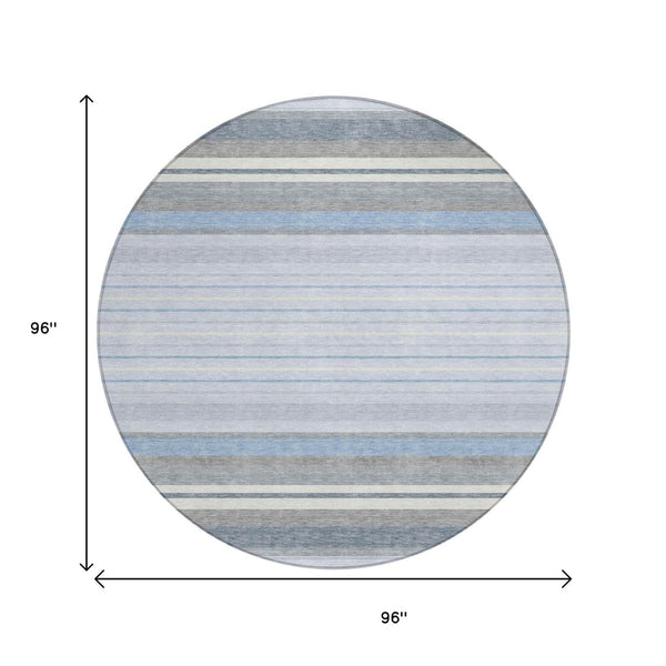 HomeRoots 8' Sky Blue and Ivory Round Striped Area Rug - Washable, Durable, Ideal for Indoor & Outdoor Spaces 659684
