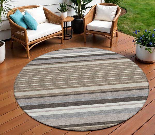 HomeRoots 8' Round Striped Washable Rug in Taupe, Ivory & Brown - Durable for Indoor/Outdoor Use, Easy Care! 659690