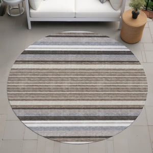 HomeRoots 8' Round Striped Washable Rug in Taupe, Ivory & Brown - Durable for Indoor/Outdoor Use, Easy Care! 659690