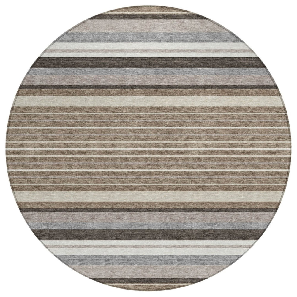 HomeRoots 8' Round Striped Washable Rug in Taupe, Ivory & Brown - Durable for Indoor/Outdoor Use, Easy Care! 659690