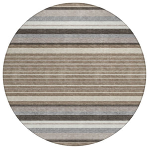 HomeRoots 8' Round Striped Washable Rug in Taupe, Ivory & Brown - Durable for Indoor/Outdoor Use, Easy Care! 659690
