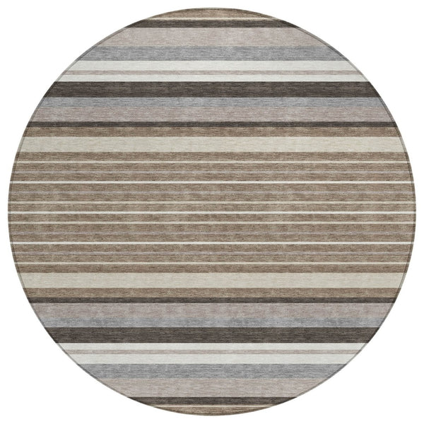 HomeRoots 8' Round Striped Washable Rug in Taupe, Ivory & Brown - Durable for Indoor/Outdoor Use, Easy Care! 659690