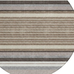 HomeRoots 8' Round Striped Washable Rug in Taupe, Ivory & Brown - Durable for Indoor/Outdoor Use, Easy Care! 659690