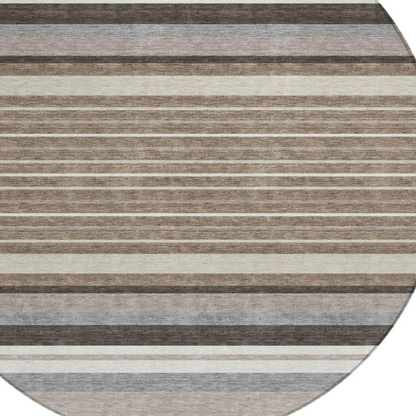 HomeRoots 8' Round Striped Washable Rug in Taupe, Ivory & Brown - Durable for Indoor/Outdoor Use, Easy Care! 659690