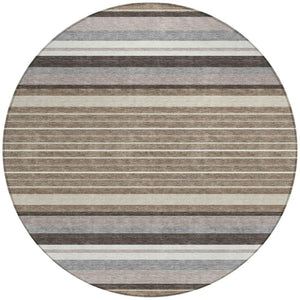 HomeRoots 8' Round Striped Washable Rug in Taupe, Ivory & Brown - Durable for Indoor/Outdoor Use, Easy Care! 659690