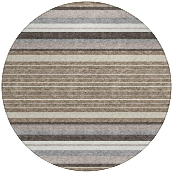 HomeRoots 8' Round Striped Washable Rug in Taupe, Ivory & Brown - Durable for Indoor/Outdoor Use, Easy Care! 659690