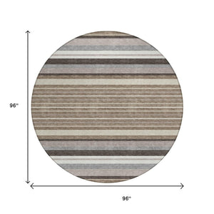 HomeRoots 8' Round Striped Washable Rug in Taupe, Ivory & Brown - Durable for Indoor/Outdoor Use, Easy Care! 659690
