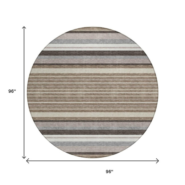 HomeRoots 8' Round Striped Washable Rug in Taupe, Ivory & Brown - Durable for Indoor/Outdoor Use, Easy Care! 659690