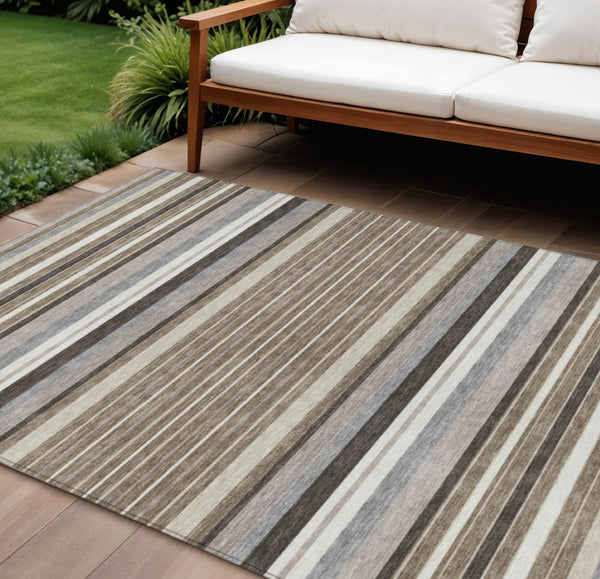 HomeRoots 8' X 10' Stylish Taupe Ivory Brown Striped Washable Rug for Indoor Outdoor Use - Durable & Versatile 659691