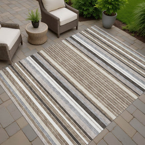 HomeRoots 8' X 10' Stylish Taupe Ivory Brown Striped Washable Rug for Indoor Outdoor Use - Durable & Versatile 659691