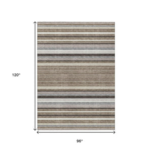 HomeRoots 8' X 10' Stylish Taupe Ivory Brown Striped Washable Rug for Indoor Outdoor Use - Durable & Versatile 659691