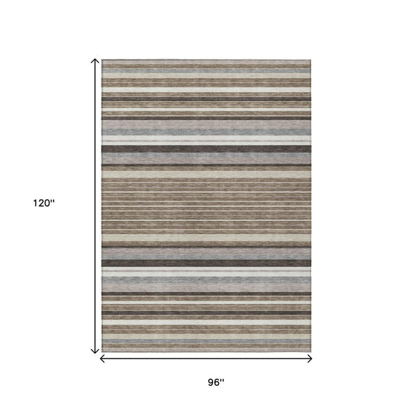 HomeRoots 8' X 10' Stylish Taupe Ivory Brown Striped Washable Rug for Indoor Outdoor Use - Durable & Versatile 659691