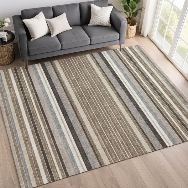 HomeRoots 8' X 10' Stylish Taupe Ivory Brown Striped Washable Rug for Indoor Outdoor Use - Durable & Versatile 659691
