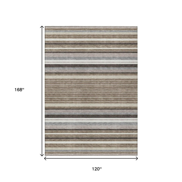 HomeRoots 10' Indoor Outdoor Washable Area Rug - Taupe Ivory Brown Striped, Durable & Easy-Care Accent Rug 659693