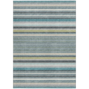 HomeRoots 5' Stylish Teal Blue, Gray & Ivory Striped Area Rug - Machine Washable for Indoor & Outdoor Use! 659695