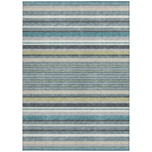HomeRoots 5' Stylish Teal Blue, Gray & Ivory Striped Area Rug - Machine Washable for Indoor & Outdoor Use! 659695