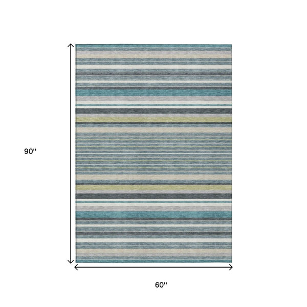 HomeRoots 5' Stylish Teal Blue, Gray & Ivory Striped Area Rug - Machine Washable for Indoor & Outdoor Use! 659695
